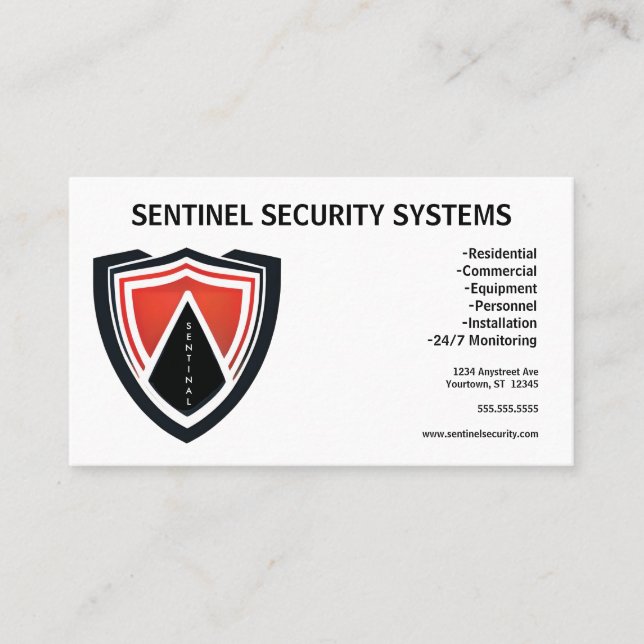 Red Black White Shield Security Protection Business Card (Front)