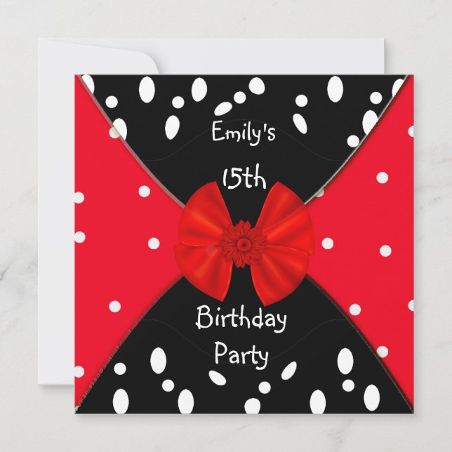 Red Black White Spot Invitation Cute Bow 15e (Devant)