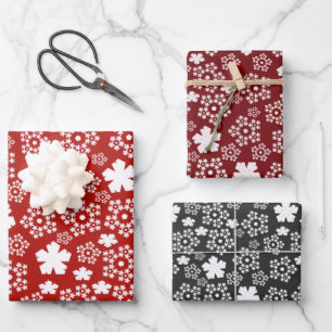 Red, Black & White Star & Snowflake Pattern Wrapping Paper Sheet