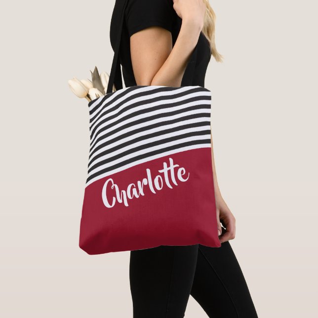 Red Black White Striped Pattern Personalized Name Tote Bag (Close Up)