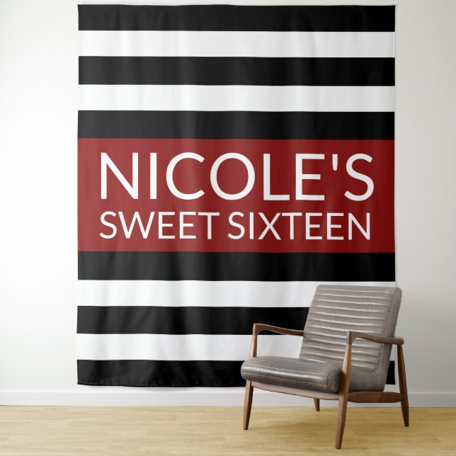 Red Black & White Sweet 16 Birthday Backdrop Tapestry (In Situ)