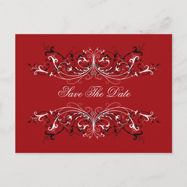 Red Black White Swirls Save The Date Announcement Postcard (Front)