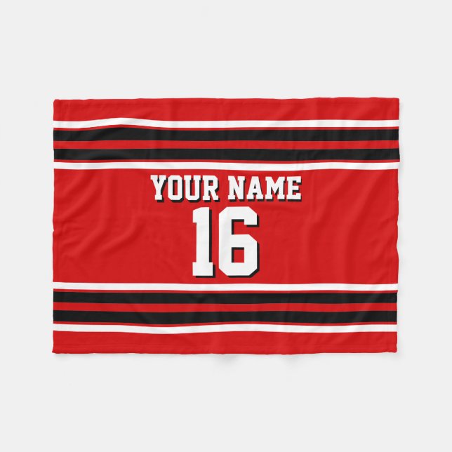 Red Black White Team Jersey Custom Number Name Fleece Blanket (Front (Horizontal))