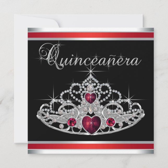 Red Black White Tiara Quinceanera Invitation (Front)