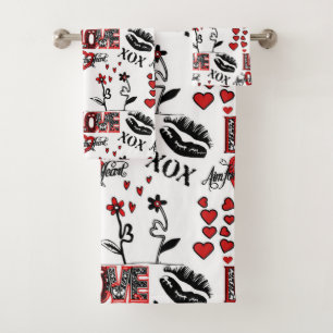 Red Black White Valentine Motif Bath Towel Set