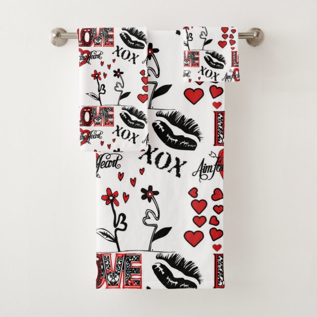 Red Black White Valentine Motif Bath Towel Set (Insitu)