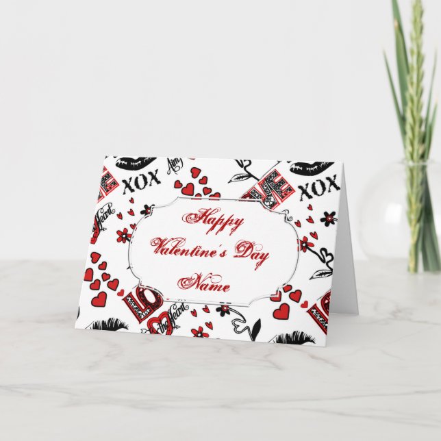Red Black White Valentine Motif Greeting Card (Front)