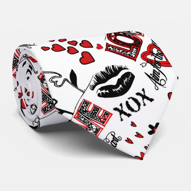 Red Black White Valentine Motif Men's Tie (Rolled)