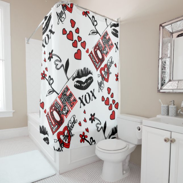 Red Black White Valentine Motif Shower Curtain (In Situ)