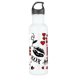 Red Black White Valentine Motif Water Bottle