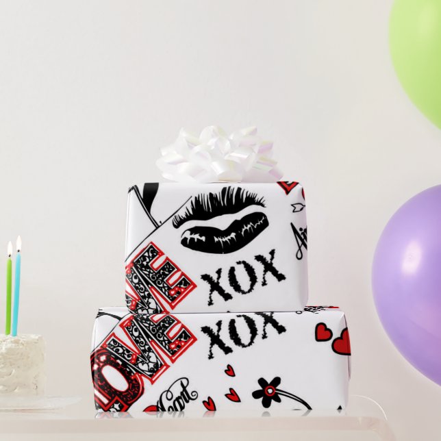 Red Black White Valentine Motif Wrapping Paper (Party Gifts)