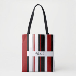 Red Black White Vertical Stripes   Personalize Tote Bag