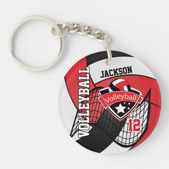 Red, Black & White Volleyball Design Keychain (Front)