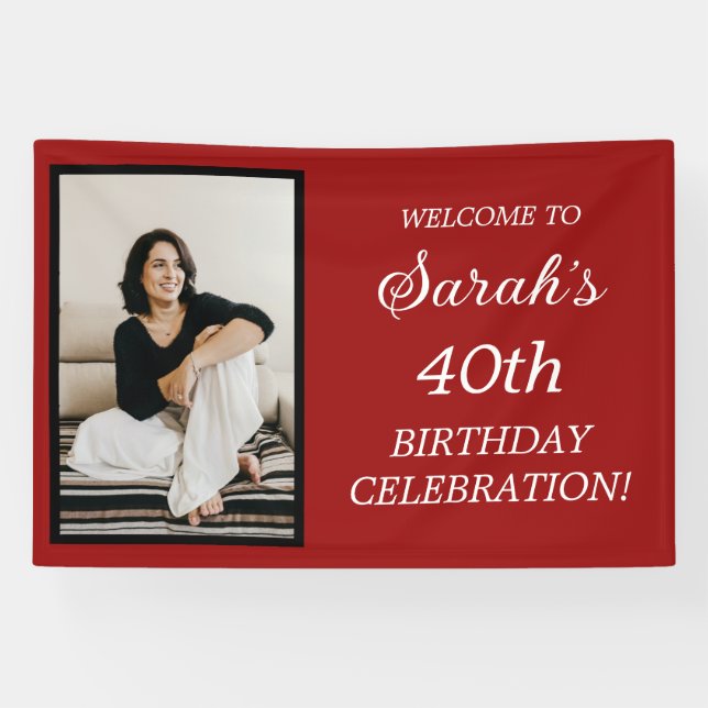 Red Black White Woman's 40th Birthday Photo Banner (Horizontal)