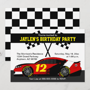 Red Black White Yellow Race Car Birthday Party Card