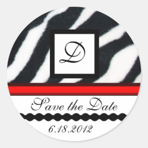 RED BLACK WHITE ZEBRA FUR MONOGRAM ,Save The Date Classic Round Sticker