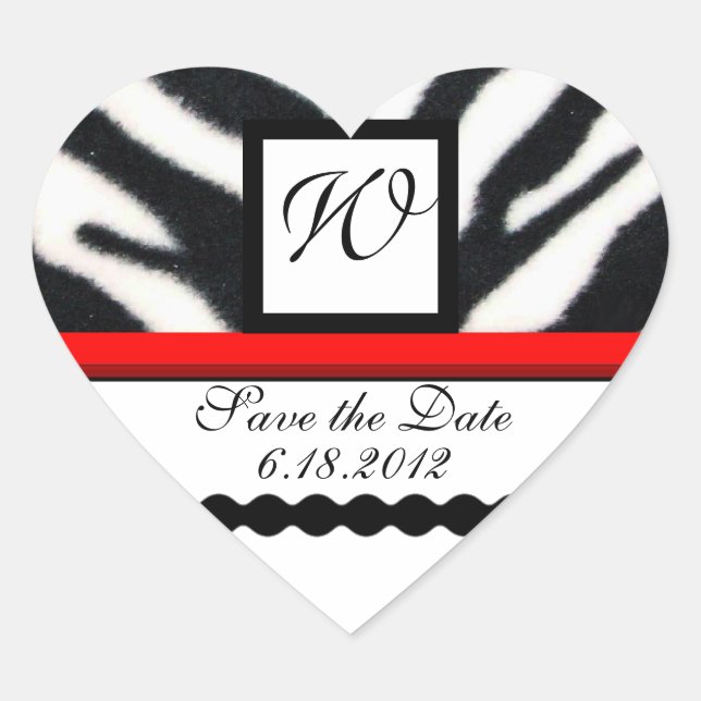 RED BLACK WHITE ZEBRA FUR MONOGRAM ,Save The Date Heart Sticker (Front)