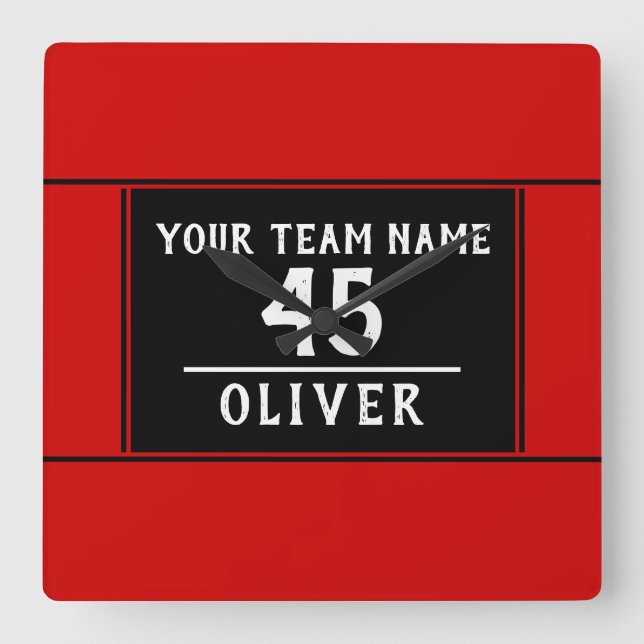 Red Black with Team Name Number Square Wall Clock (Front)