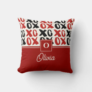Red Black XOXO Hugs & Kisses Monogram Name Throw Pillow