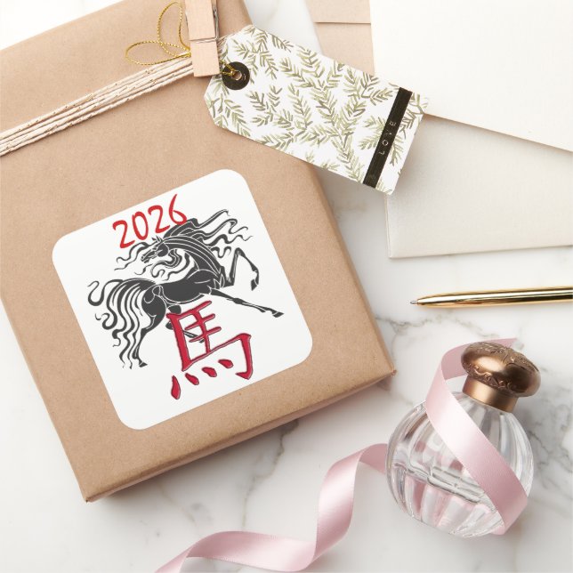 Red Black Year of the Horse Square Sticker (Gifting)