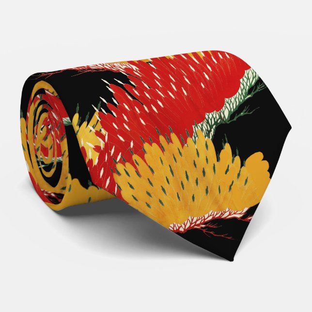 RED BLACK YELLOW ABSTRACT JAPANESE FLORAL TIE (Rolled)