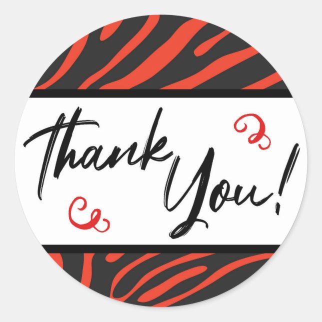 Red Black Zebra Stripe Thank You Stickers Labels (Front)
