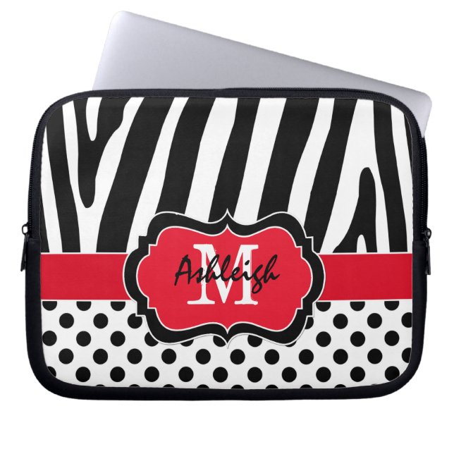 Red Black Zebra Stripes Polka Dots Laptop Case (Front)
