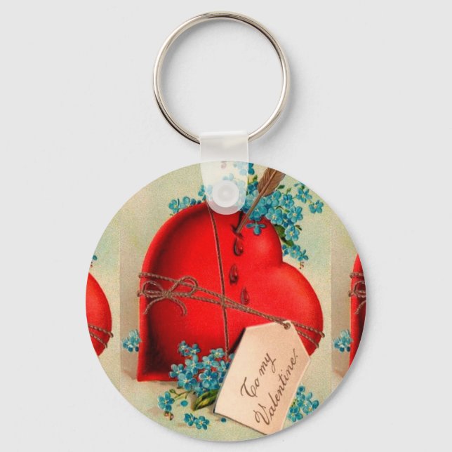 Red Bleeding Heart Valentine Antique Postcard Keychain (Front)