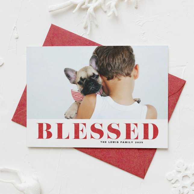 Red Blessed Typography Photo Christmas Holiday Card (Creator Uploaded)
