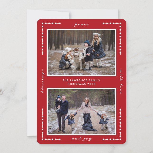 Red Blessings Peace Love Joy Christmas Two Photo Holiday Card (Front)