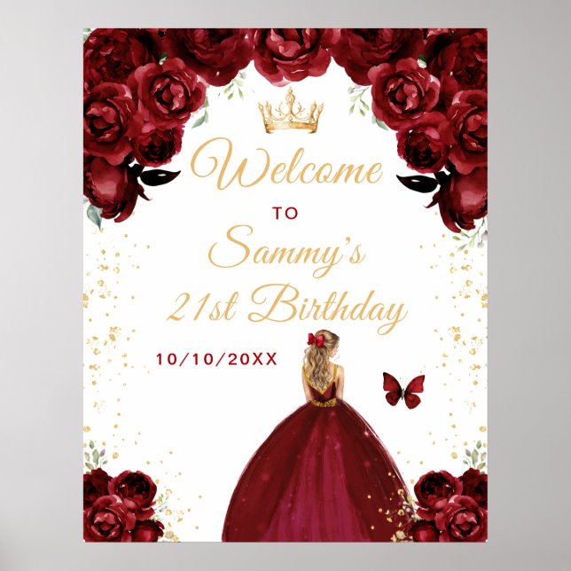 Red Blonde Hair Princess Birthday Welcome Poster (Front)
