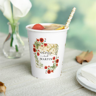 Red Bloom Geometric Gold Magic Sand Wedding Paper Cups