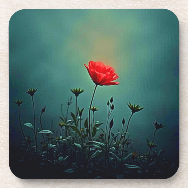 Red Bloom in the Dark Mist Design Coaster (Front)