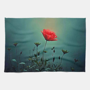 Red Bloom in the Dark Mist Design Kitchen Towel