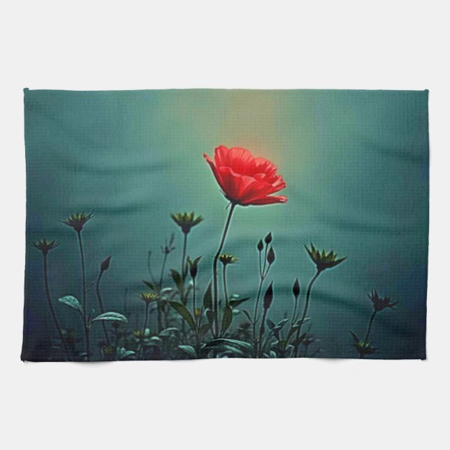 Red Bloom in the Dark Mist Design Kitchen Towel (Horizontal)