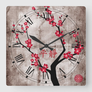 Red blossom tree "Serenity" Square Wall Clock