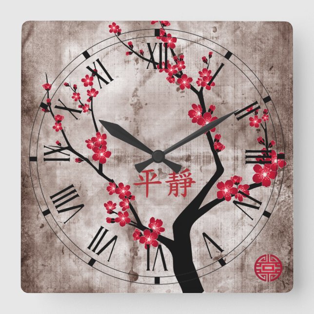 Red blossom tree "Serenity" Square Wall Clock (Front)
