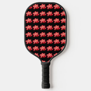 Red Blossom Watercolor Floral Pattern on Black Pickleball Paddle