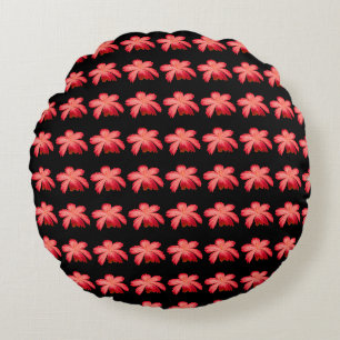 Red Blossom Watercolor Floral Pattern on Black Round Pillow
