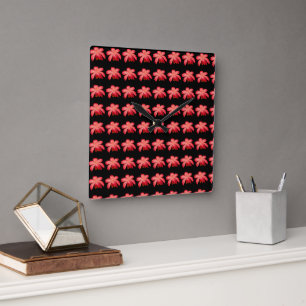 Red Blossom Watercolor Floral Pattern on Black Square Wall Clock