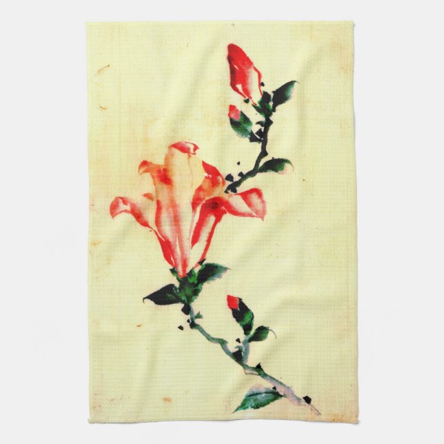 Red Blossom with Buds 1840 Kitchen Towel (Vertical)