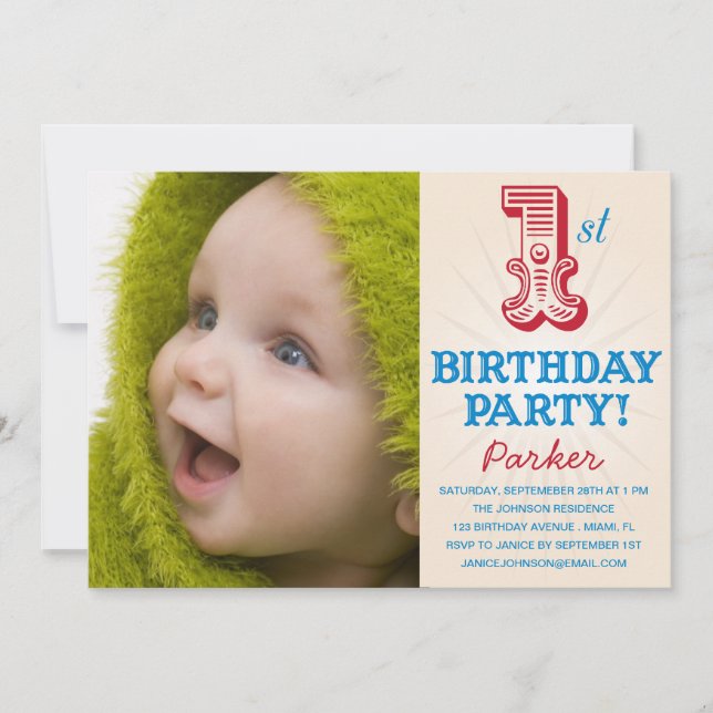 RED & BLUE 1ST  | FIRST BIRTHDAY INVITATION (Front)