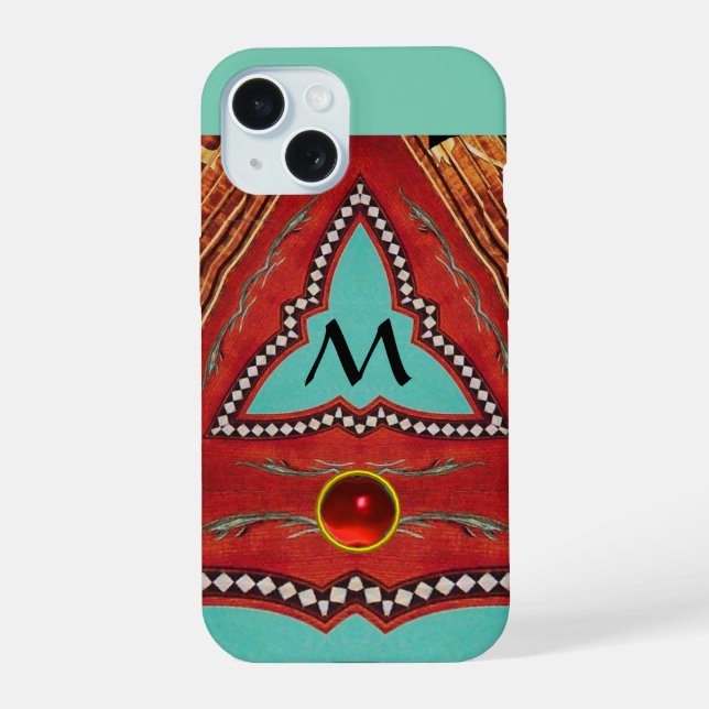 RED BLUE ABSTRACT GEOMETRIC TRIANGLE MONOGRAM iPhone 15 CASE (Back)