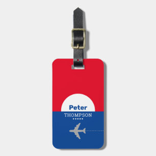 red blue airplane luggage tag with name
