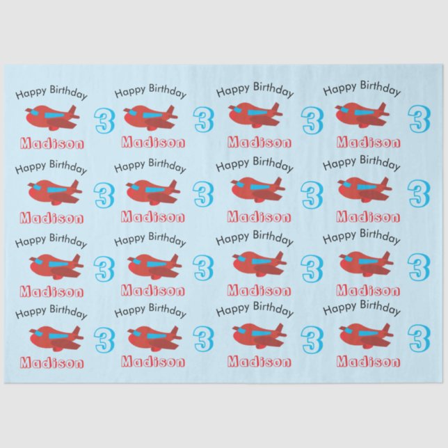 Red & Blue Airplane Pattern Birthday Name & Age Tissue Paper (Front)