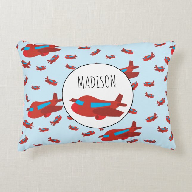 Red & Blue Airplane Pattern Custom Accent Pillow (Front)
