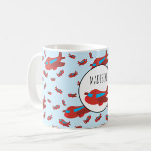 Red & Blue Airplane Pattern Custom Name Coffee Mug