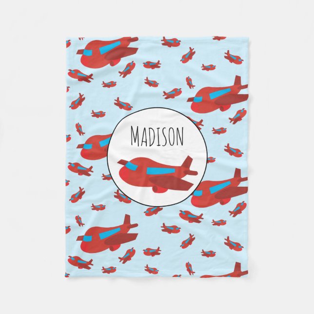 Red & Blue Airplane Pattern Custom Name  Fleece Blanket (Front)