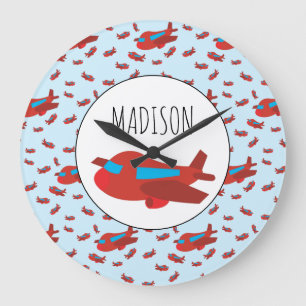 Red & Blue Airplane Pattern Custom Name Large Clock