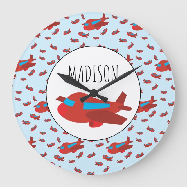 Red & Blue Airplane Pattern Custom Name Large Clock (Front)